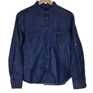 TALBOTS Chambray Linen Button Up Shirt Dark Long Sleeve Roll Tab Minimalist 8